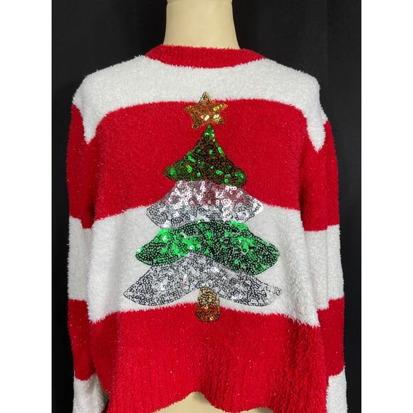 Cute Christmas Fuzzy Sweater, Poof New York, Red and White Sequence Tree - Picture 2 of 6